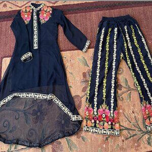 Indian/Pakistani 2 Piece Party Wear Navy Blue Traditional Dress with Embroidery